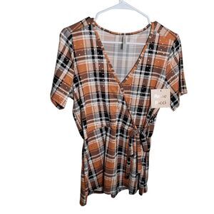 Rene Ricci Blouse Women's  Large Plaid Metallic V-Neck Wrap Shirt Casual NWT
